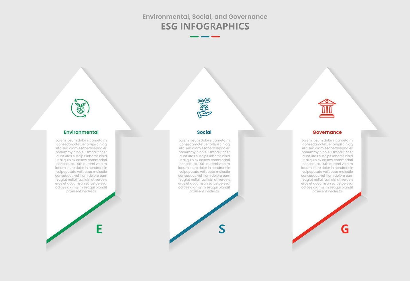 ESG sustainability concept for infographic with drop shadow style with vertical arrow top direction with slice bottom with 3 point list information vector