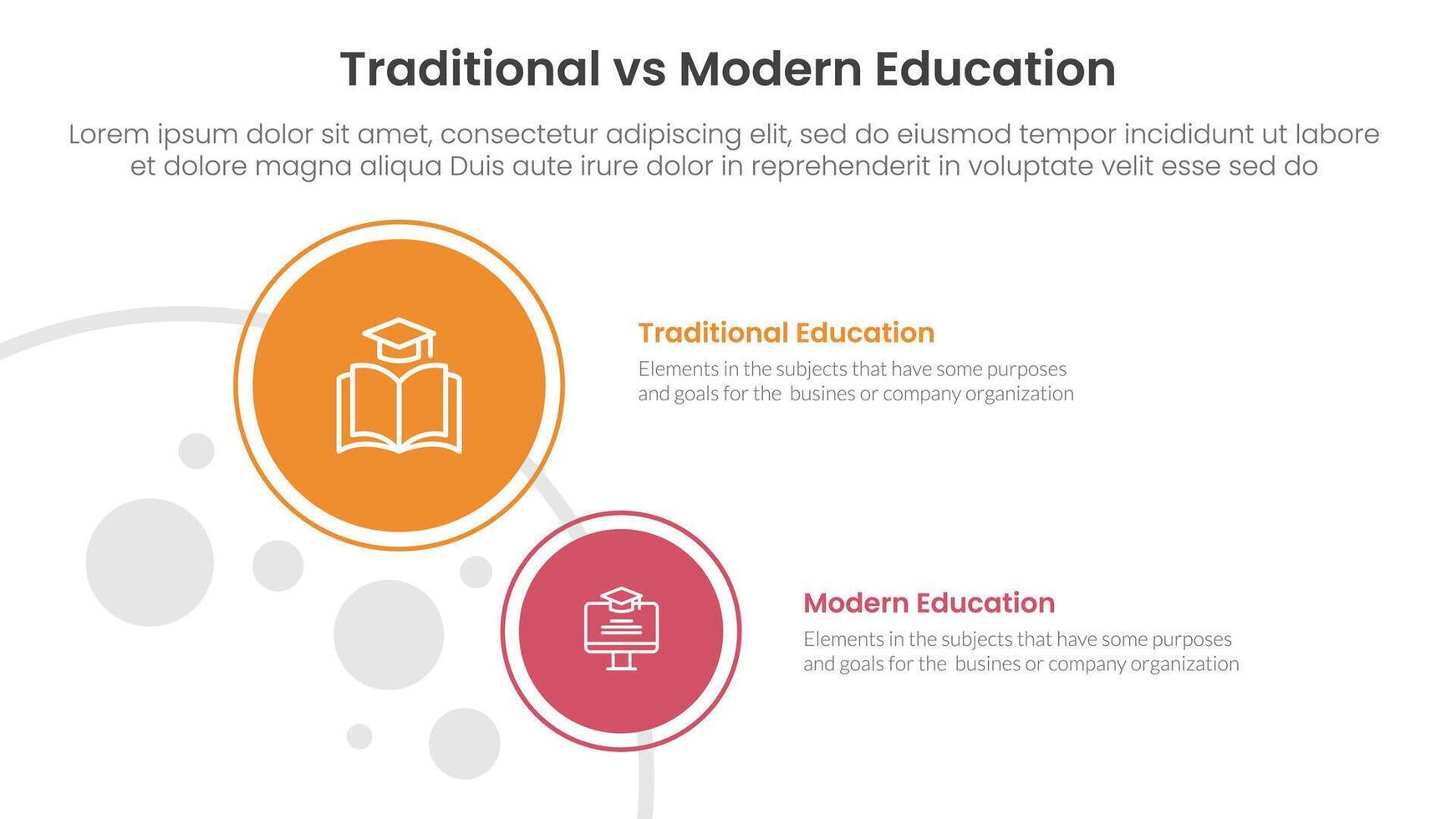 traditional vs modern education comparison concept for infographic template banner with big and small circle on left column with two point list information vector