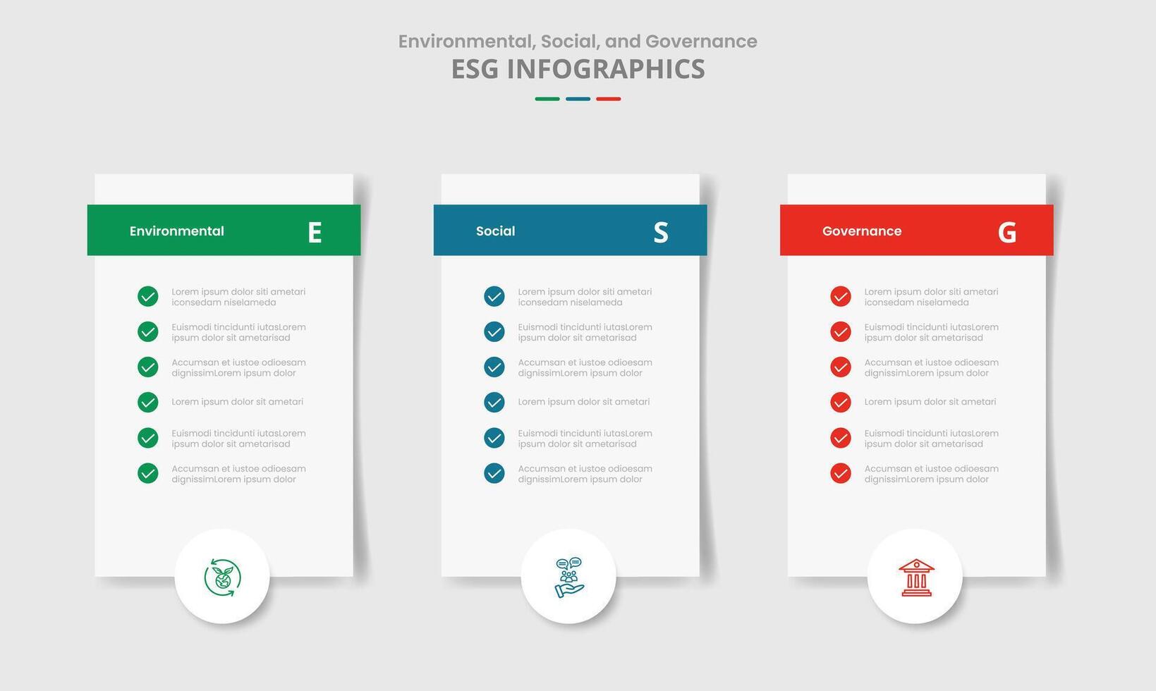 ESG sustainability concept for infographic with drop shadow style with vertical box with checklist and circle badge bottom with 3 point list information vector