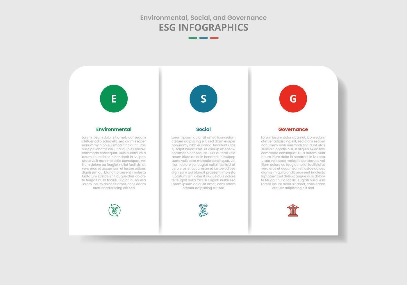 ESG sustainability concept for infographic with drop shadow style with round box unite with circle badge on top with 3 point list information vector