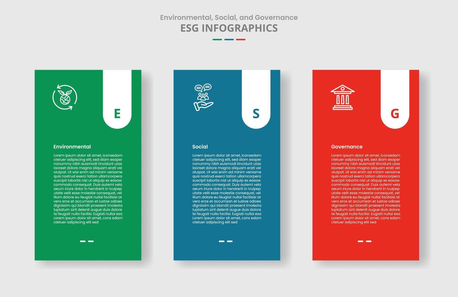 ESG sustainability concept for infographic with drop shadow style with vertical box with round badge on top with 3 point list information vector