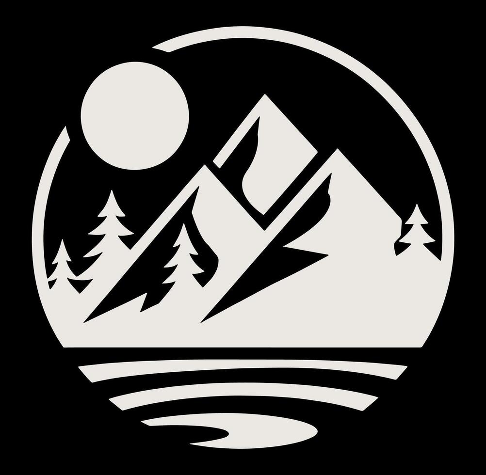 A black and white logo of a mountain and a lake vector
