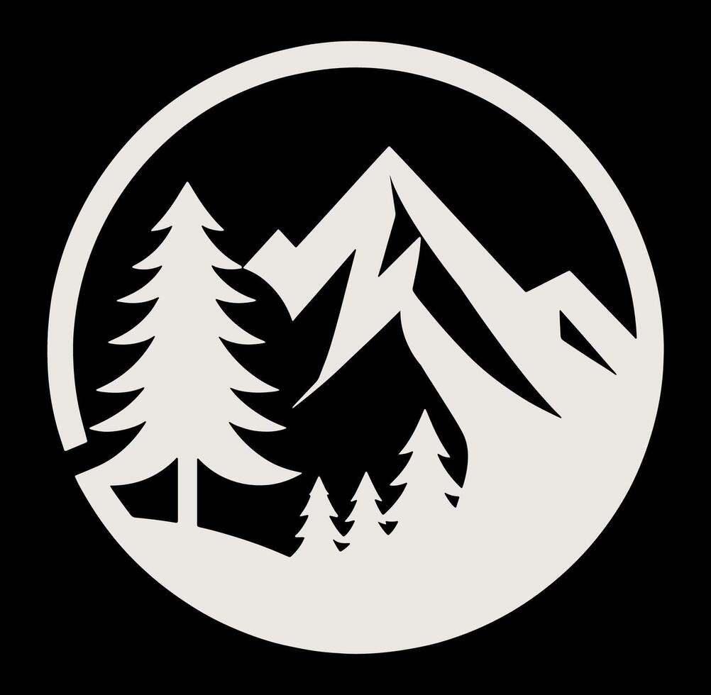 Black and white logo of a mountain illustration and trees vector