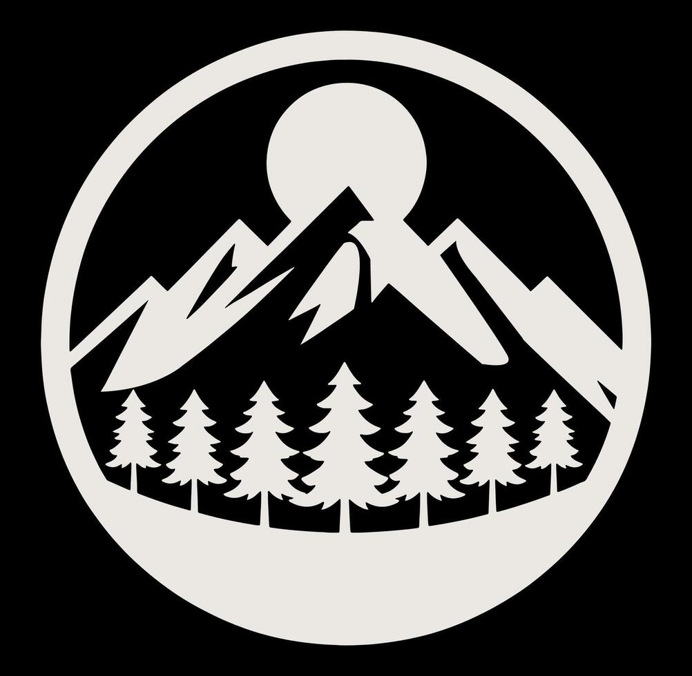 Black and white logo with a mountain and trees vector