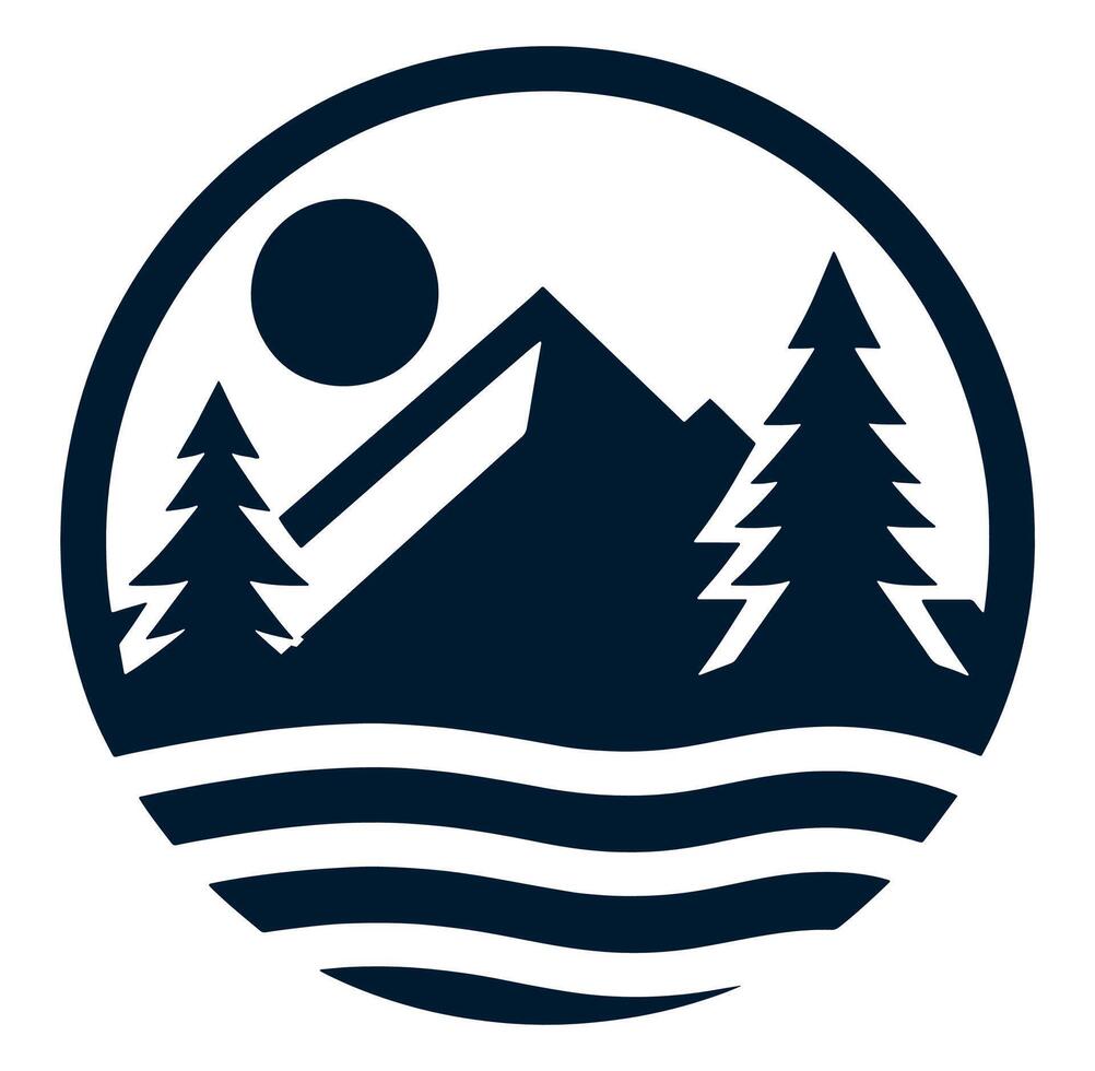 A mountain and lake logo with a sun and trees vector