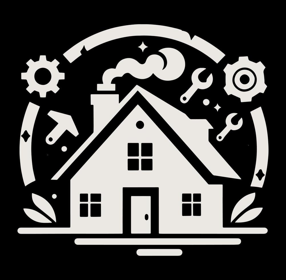 A house with tools and a clock in the middle vector