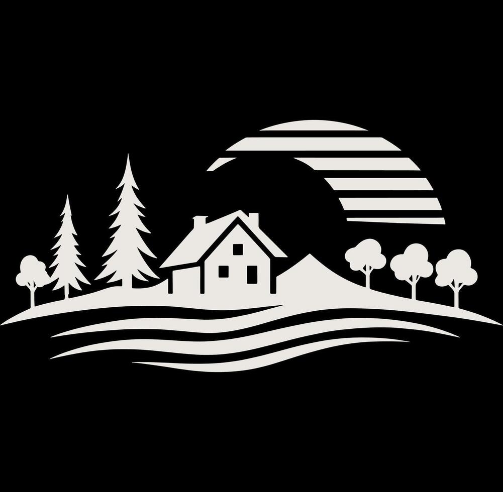 A house and trees in the forest with a moon in the background vector