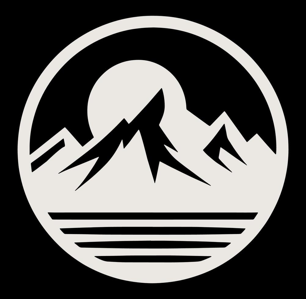A black and white mountain logo with a sun and moon vector