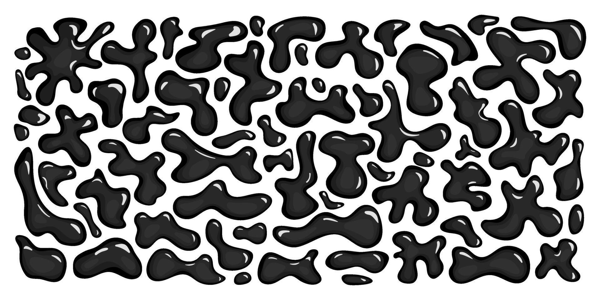 Black glossy liquid shapes, droplets. Bundle of monochrome y2k bubbles with light 3D effect. Dark background with psychedelic fluid blobs. Set of intense chrome amorphous blots vector