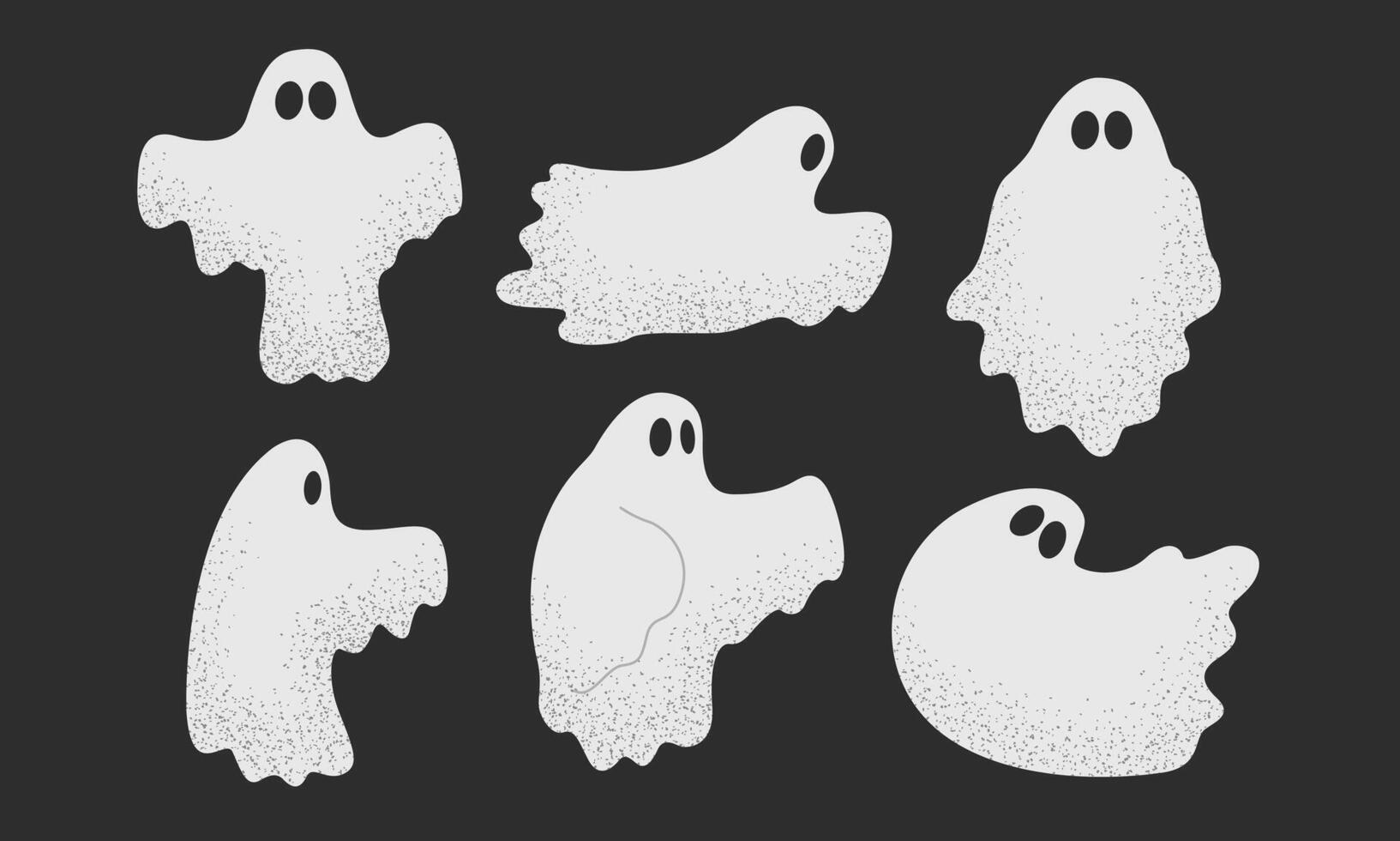 Cute white flying ghost character set. Spooky halloween cartoon bundle. Floating funny ghoul. vector