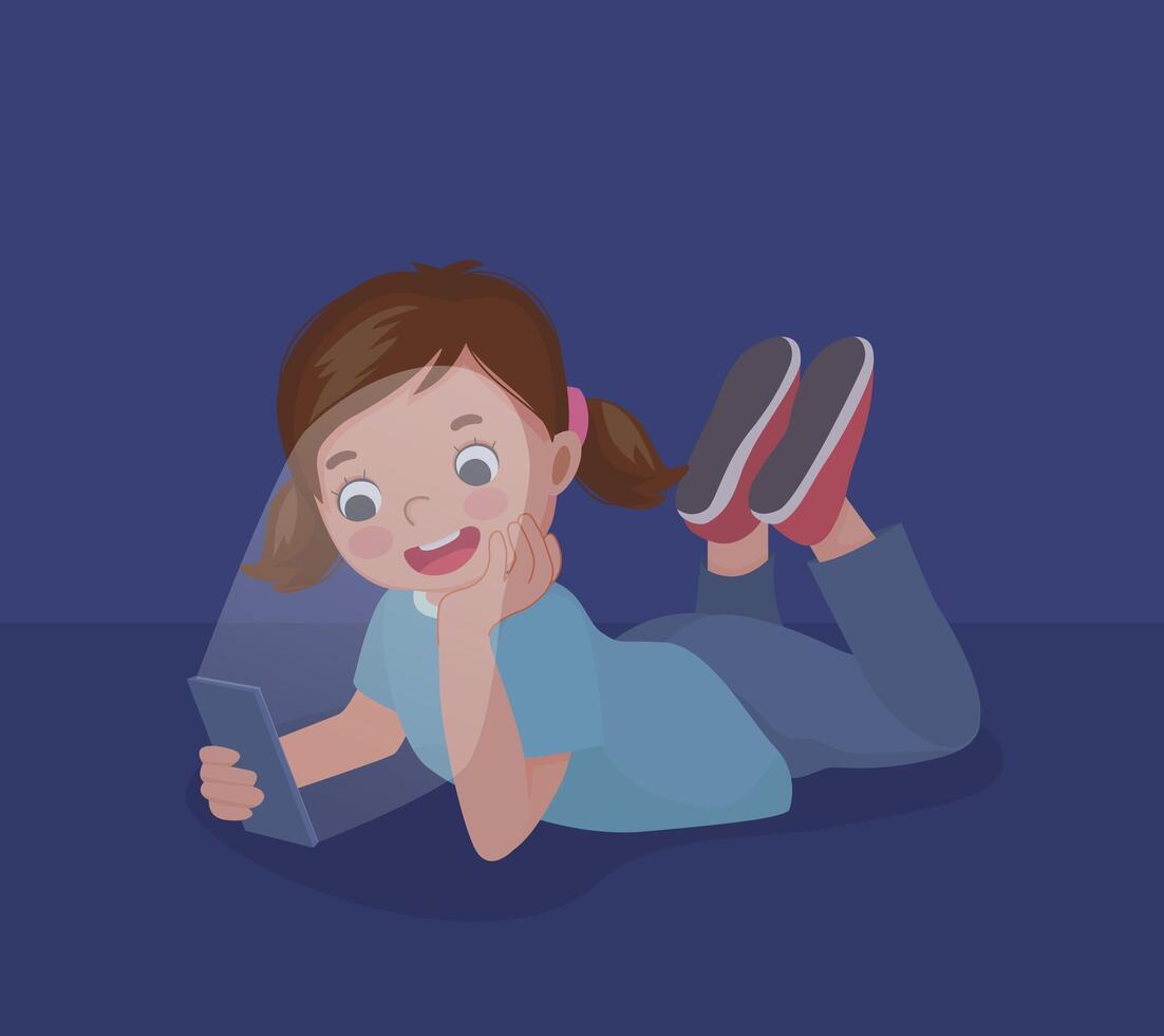 little girl using smartphone lying on the floor at night in the darkroom vector