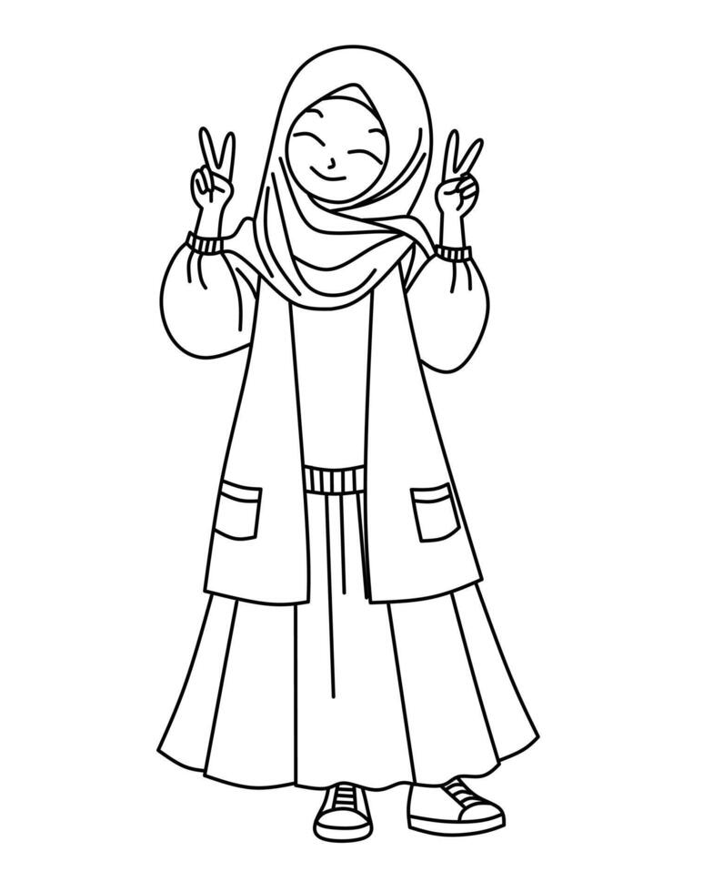 a cartoon girl in a hijab making the peace sign vector
