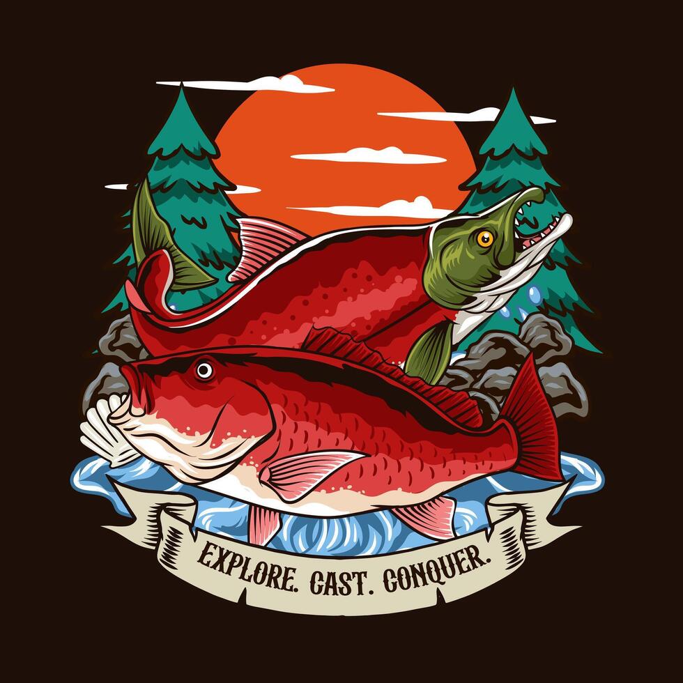 Illustration of red snapper fish and Sockeye Salmon with a sunset and pine tree background. Perfect for fishing clubs, outdoor brands, and adventure themes. vector