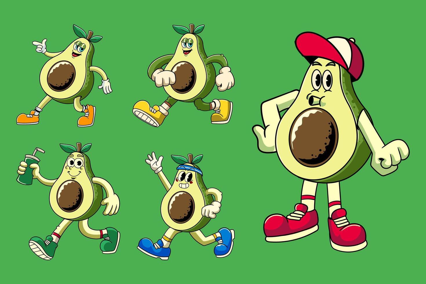 Set of Avocado Tropical Fruit Cartoon Characters in Retro Vintage Style vector