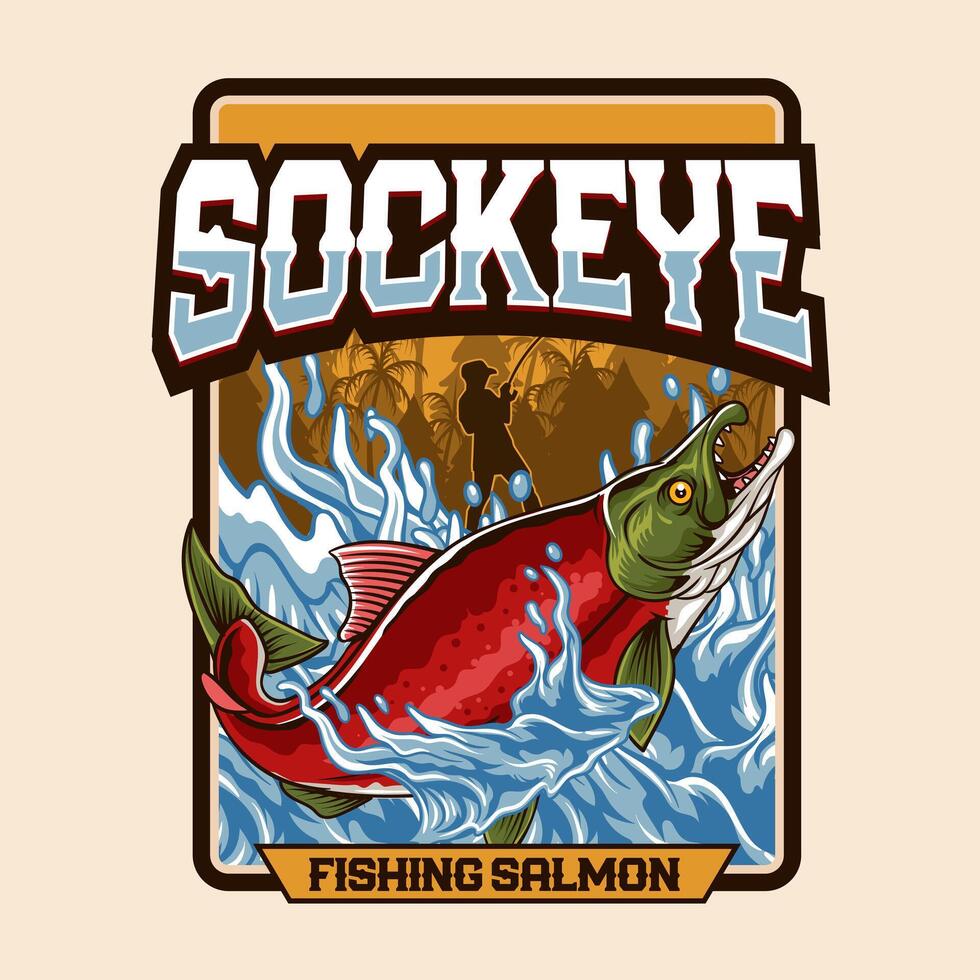 Vibrant illustration of a sockeye salmon leaping from the water with bold typography and wilderness background. Perfect for fishing clubs, outdoor adventures, and nature-themed designs. vector