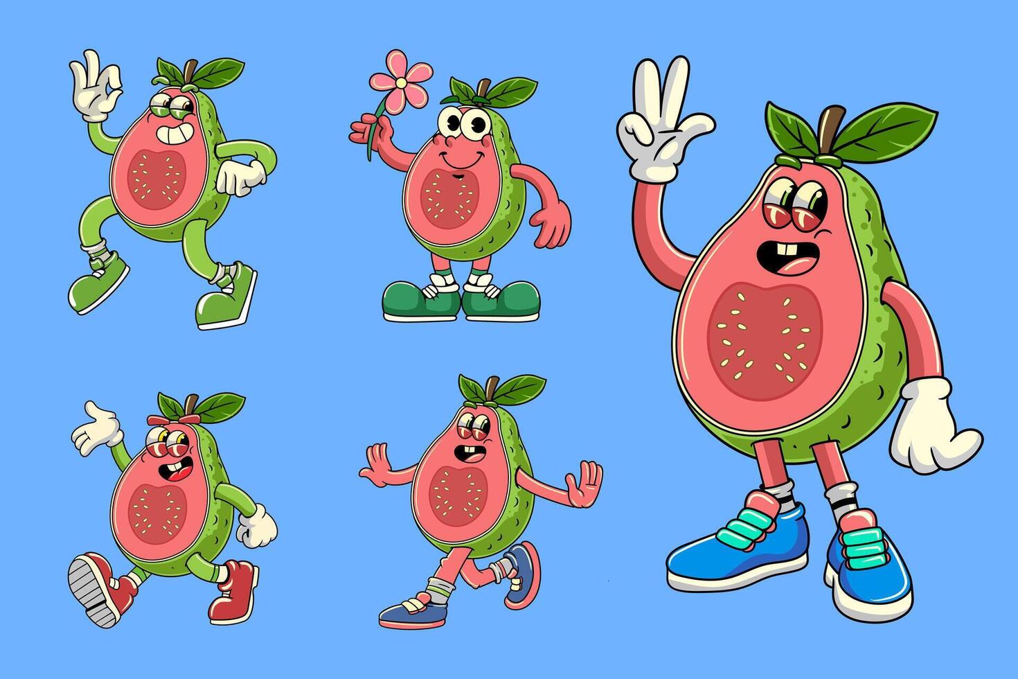 Set of Guava Fruit Cartoon Characters in Retro Vintage Style vector