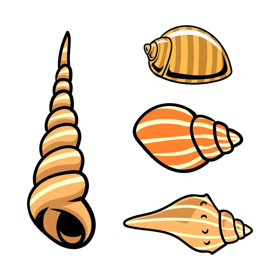 Four different seashells in vibrant tones, cartoon illustration. Ideal for ocean-themed projects, beach decor, marine education, and summer designs. vector