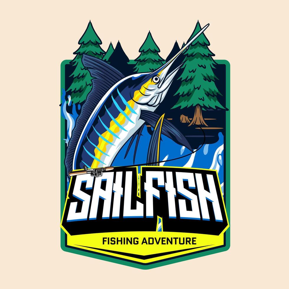 Sailfish badge cartoon illustration with forest background, perfect for fishing clubs, outdoor adventure, wildlife, and nature-themed vector