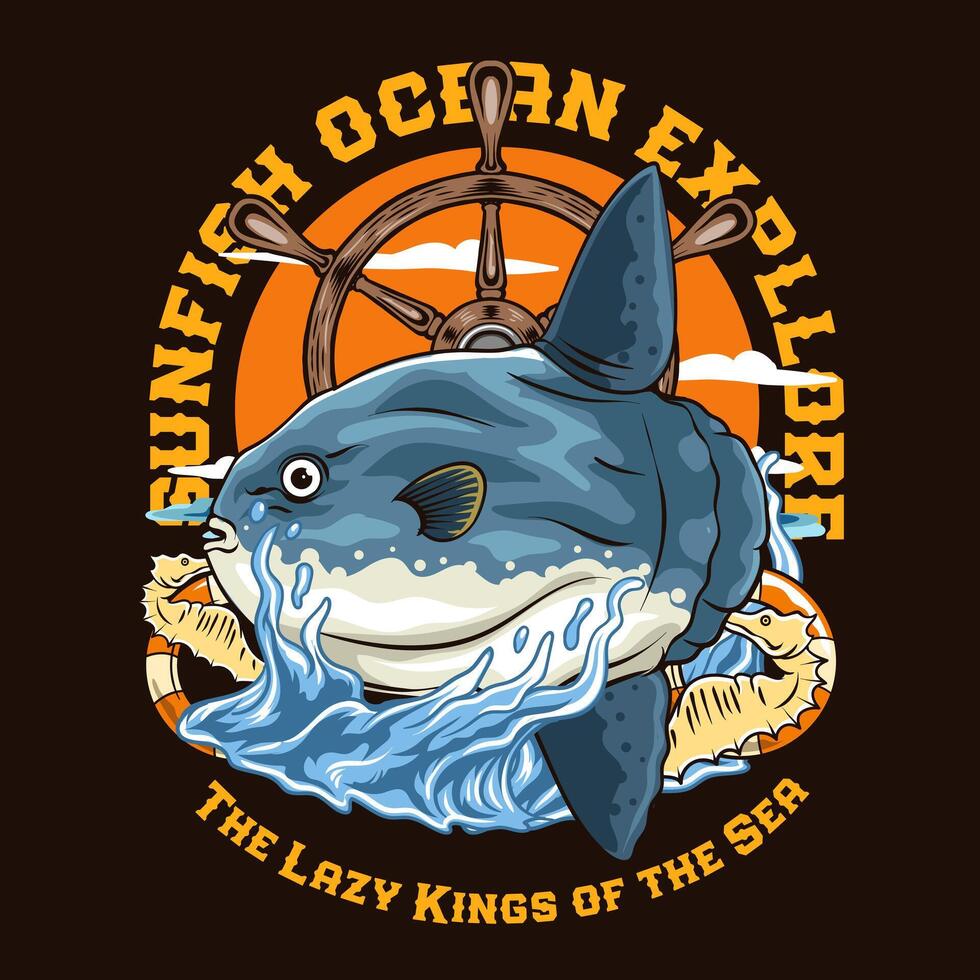 Vibrant illustration of a sunfish jumping with ocean waves, ship wheel background, and Sunfish Ocean Explorer - The Lazy Kings of the Sea text. Perfect for marine, fishing, and nautical themes. vector
