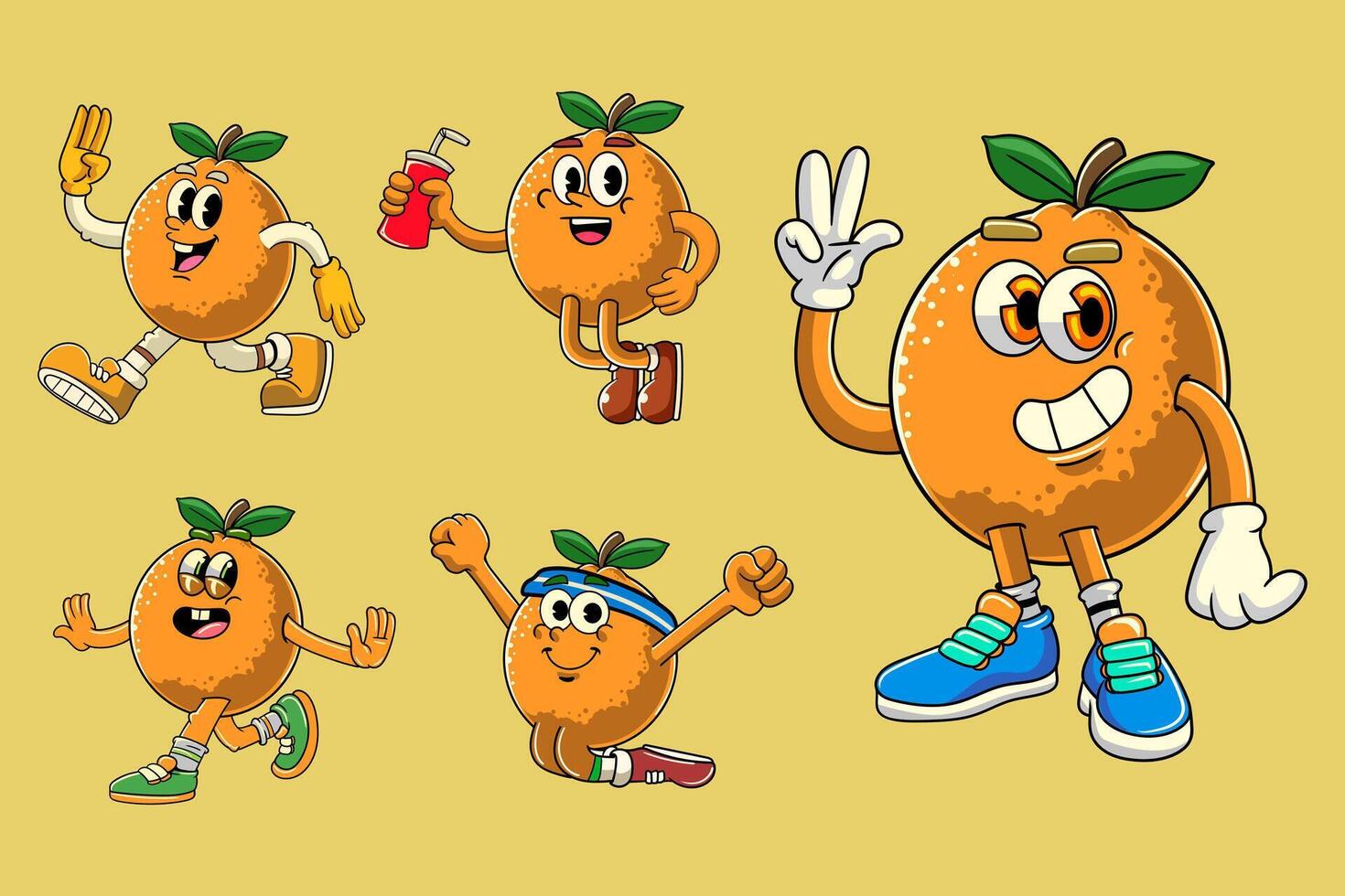 Set of Orange Fruit Cartoon Characters in Retro Vintage Style vector