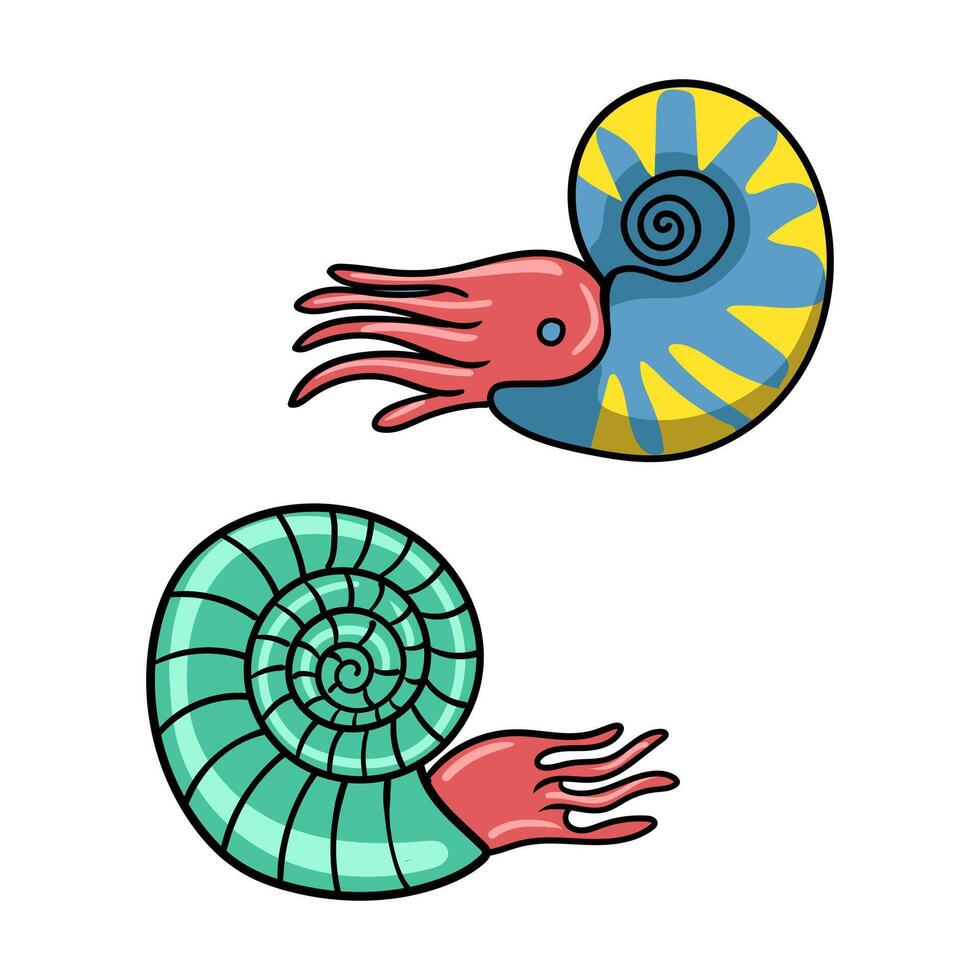 two nautiluses with spiral shells and tentacles isolated illustration. Perfect for marine biology themes, ocean education, and aquatic design projects vector