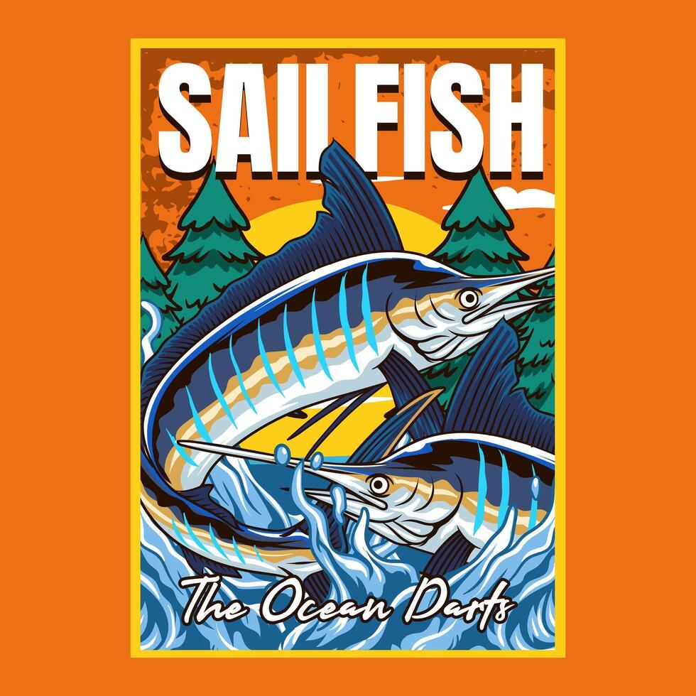 Two sailfish leaping from the ocean waves with a forest and sunset background cartoon illustration poster. perfect for fishing clubs, outdoor adventure, wildlife, and nature-themed vector
