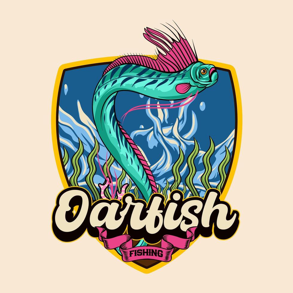 Colorful illustration of an oarfish swimming among seaweed with bold shield design and playful typography. Great for fishing clubs, marine-themed artwork, and ocean adventure graphics. vector