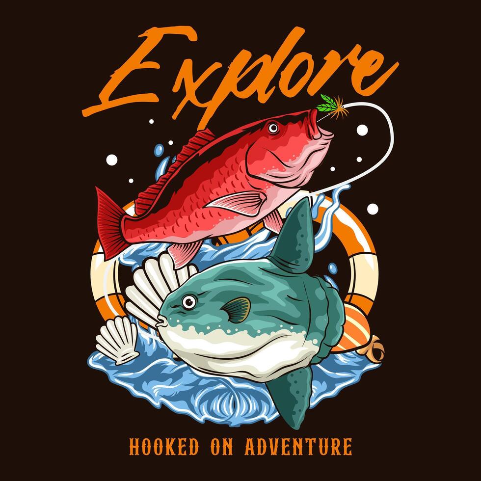 Colorful illustration of a red snapper fish and sunfish swimming with a life preserver, water splashes, and Explore - Hooked on Adventure text. Ideal for fishing, marine, and outdoor designs. vector