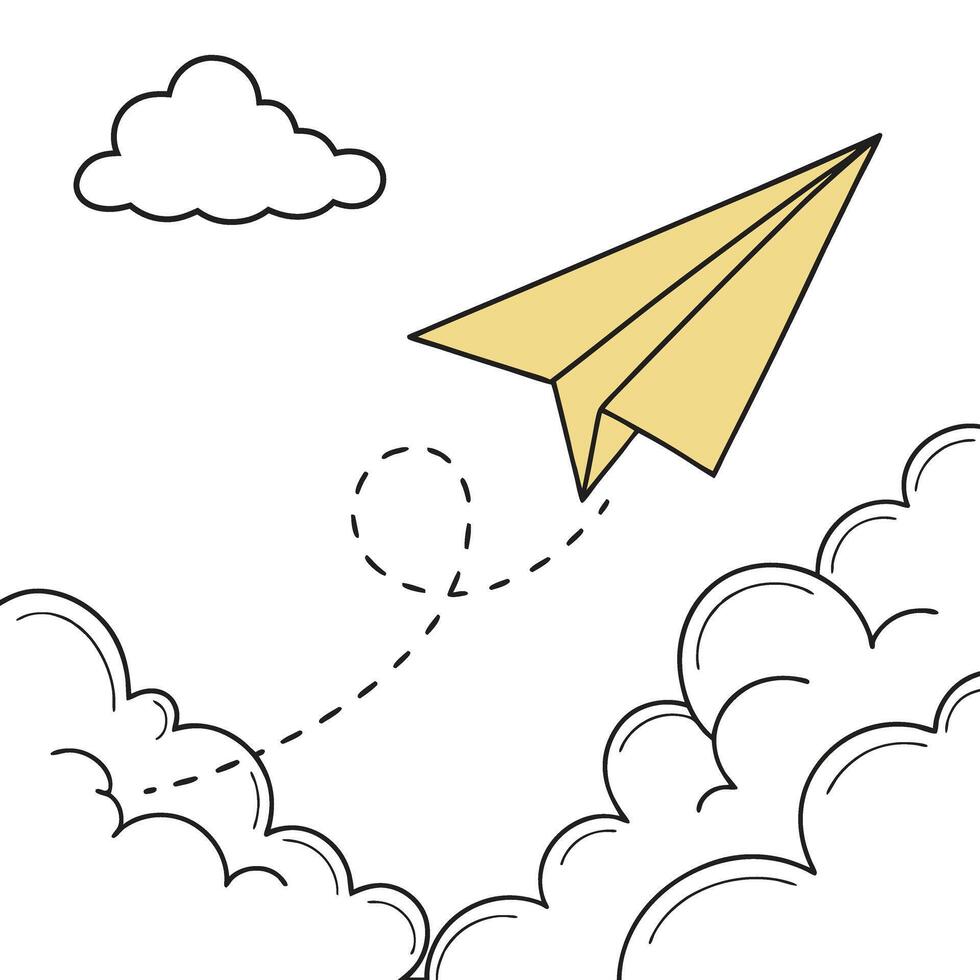 Yellow Paper Airplane Flying in the Sky with Clouds vector