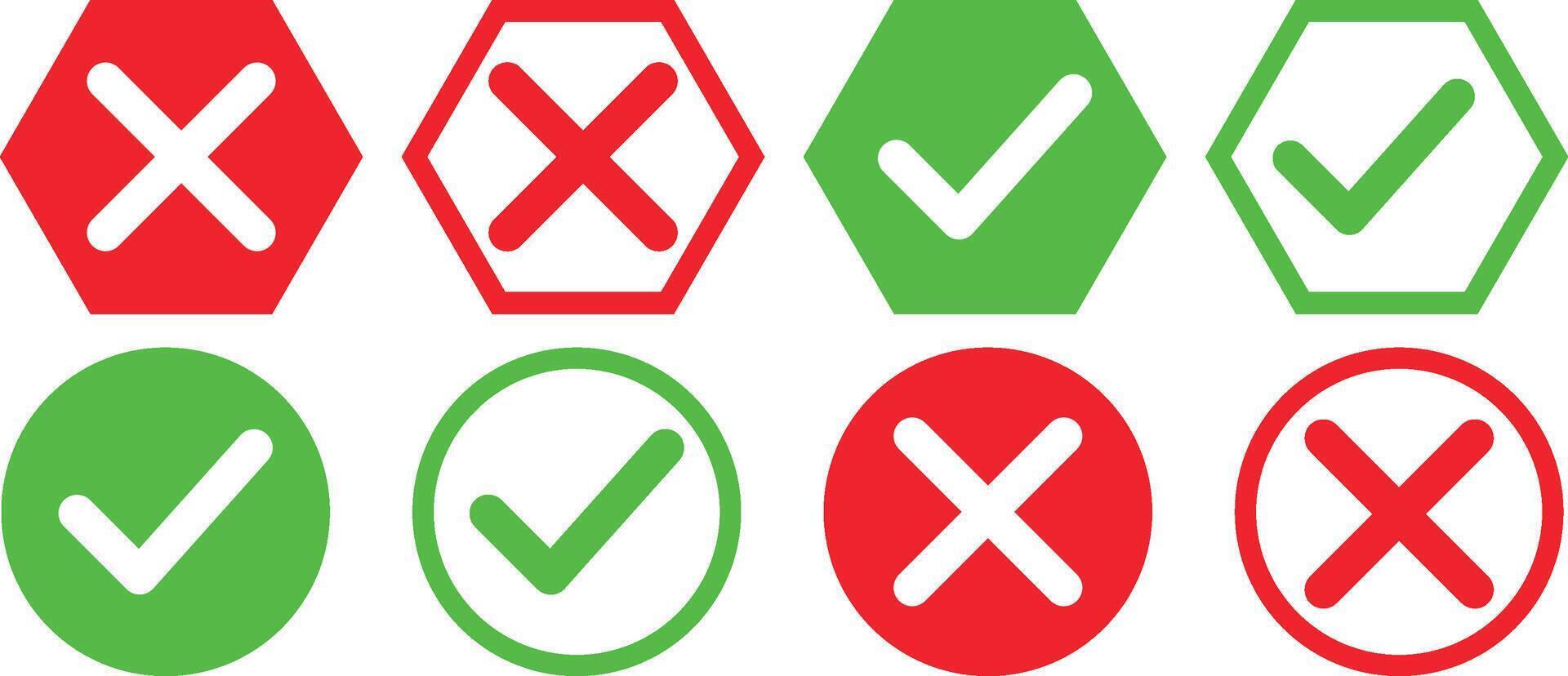 Green Check Mark and Red Cross Icons Set Illustration. vector