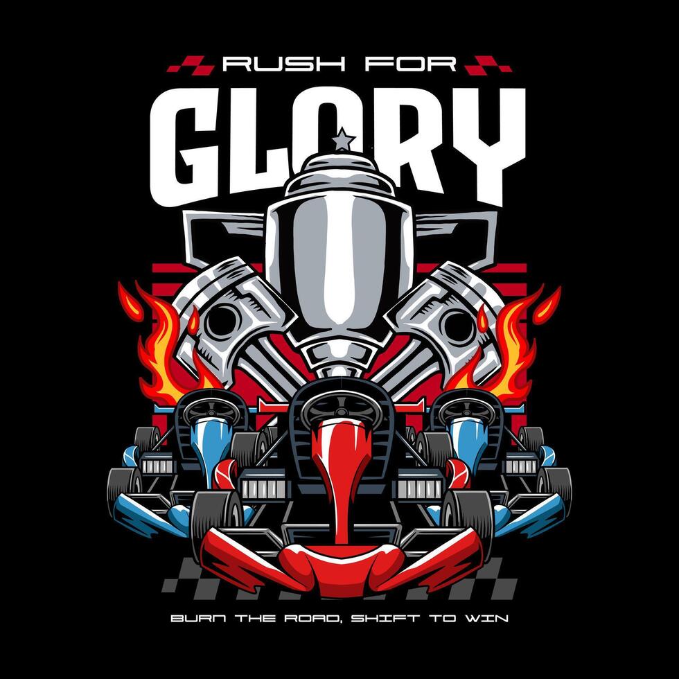 Three Go-Kart sport racing with two pistons and a silver trophy from front view cartoon illustration for poster, t-shirt print, business element, social media content, blog, sticker, vlog, and card vector