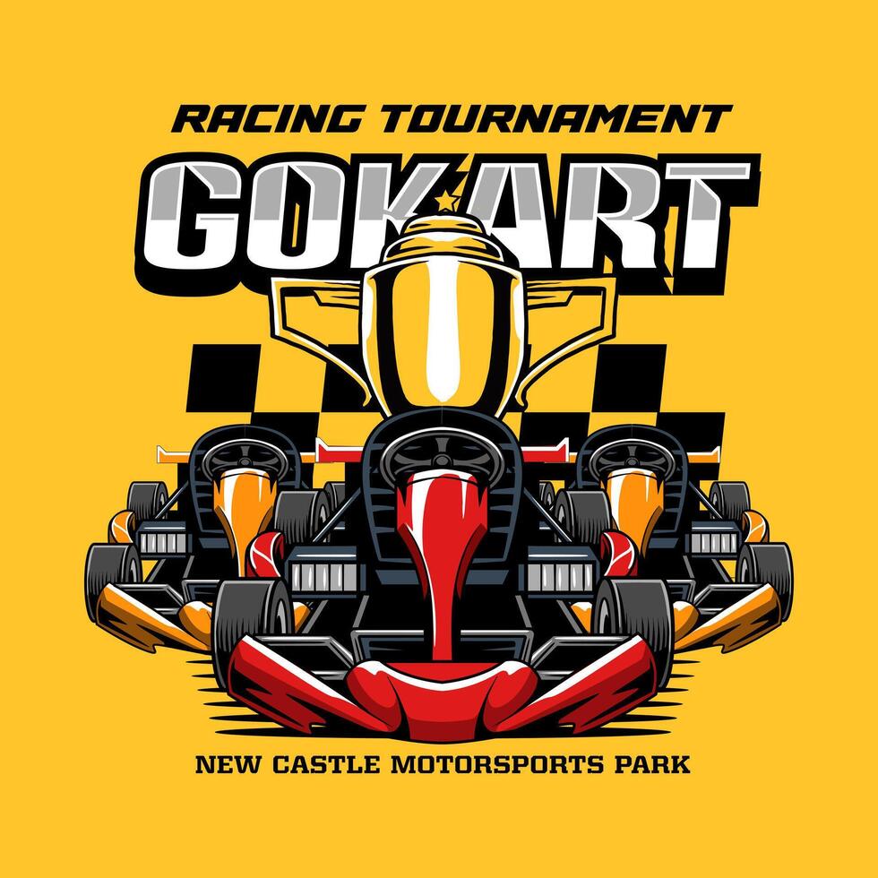 Three Go-Kart sport racing with checkered flag from front view cartoon illustration for poster, t-shirt print, business element, social media content, blog, sticker, vlog, and card vector