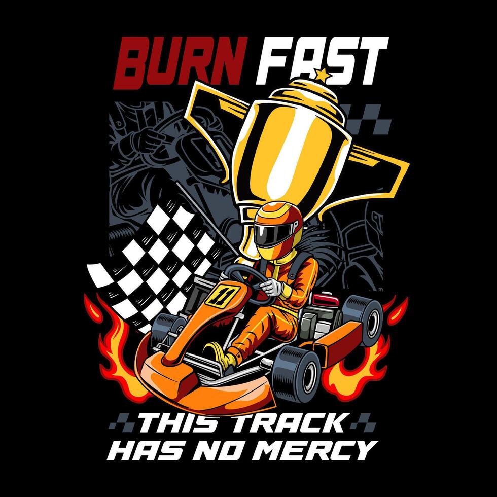 Kart sport racing orange color with a man driver side view cartoon illustration for poster, t-shirt print, business element, social media content, blog, sticker, vlog, and card vector