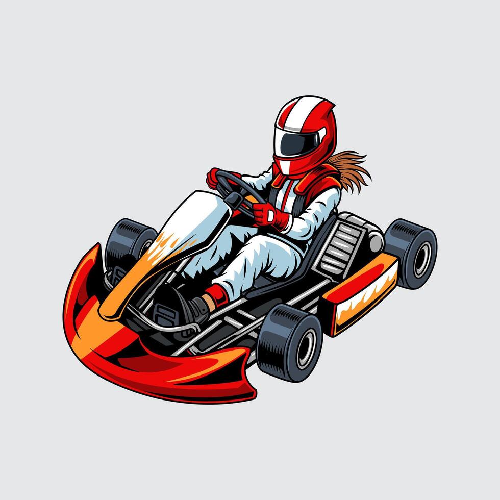 Go-Kart red color sports automotive isolated with woman driver on a light background for poster, t-shirt print, business element, social media content, blog, sticker, vlog, and card vector