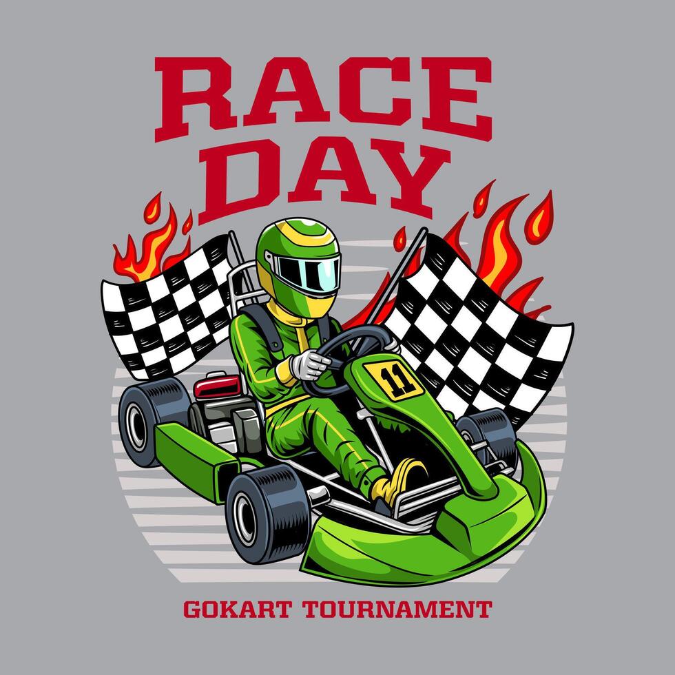 Kart sport racing, green color with woman driver and checkered flag from side view cartoon illustration for poster, t-shirt print, business element, social media content, blog, sticker, vlog, and card vector