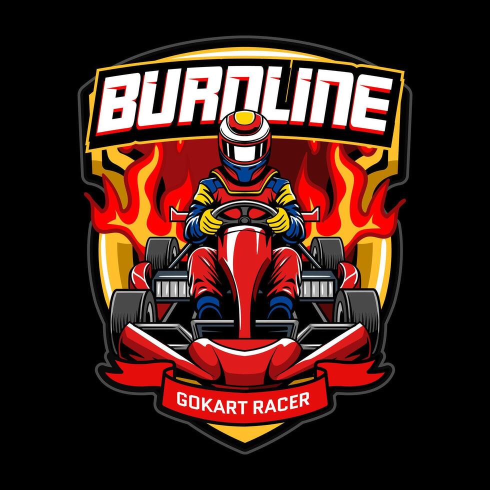 Kart sport racing, red color with man driver from front view emblem logo cartoon illustration for poster, t-shirt print, business element, social media content, blog, sticker, vlog, and card vector