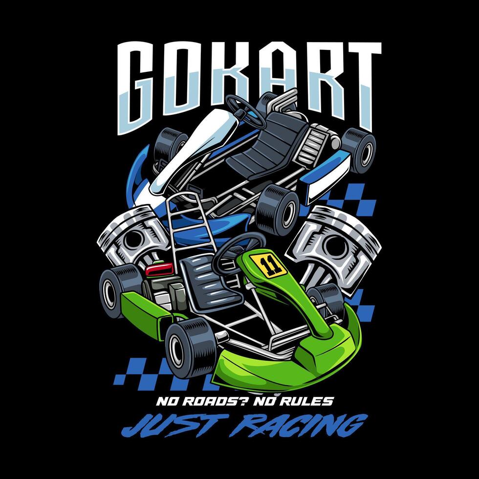 Two Go-Kart sports racing with pistons cartoon illustration for poster, t-shirt print, business element, social media content, blog, sticker, vlog, and card vector