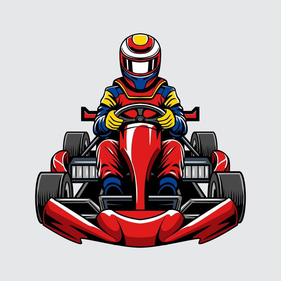 Go-Kart red color sports automotive isolated with man driver on a light background for poster, t-shirt print, business element, social media content, blog, sticker, vlog, and card vector
