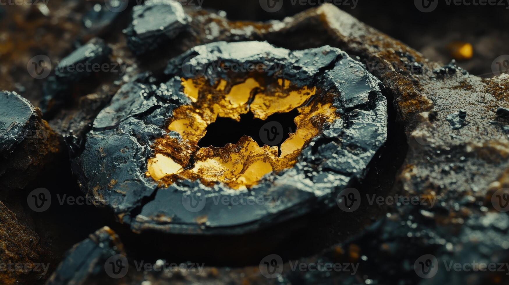 Corroded Metal Reveals Golden Interior Through Fractured Surface photo