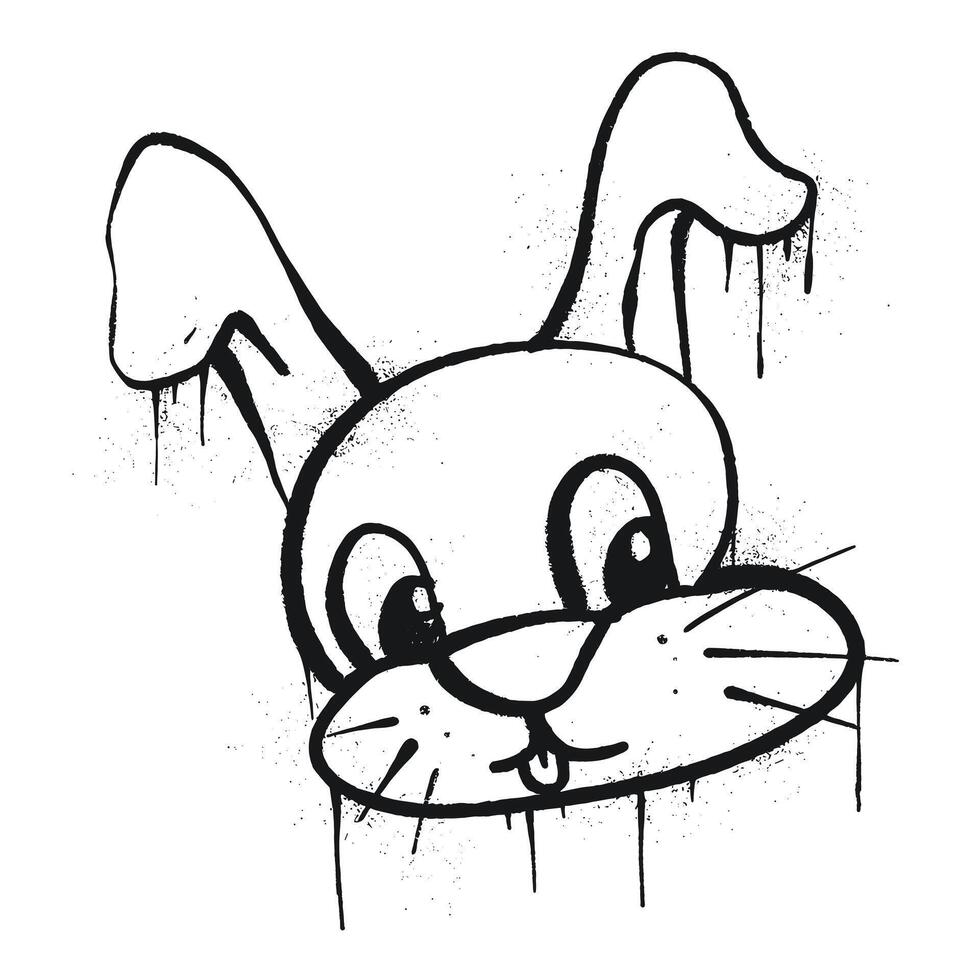 Black and White Graffiti Illustration of a Rabbit Head with Dripping Lines vector