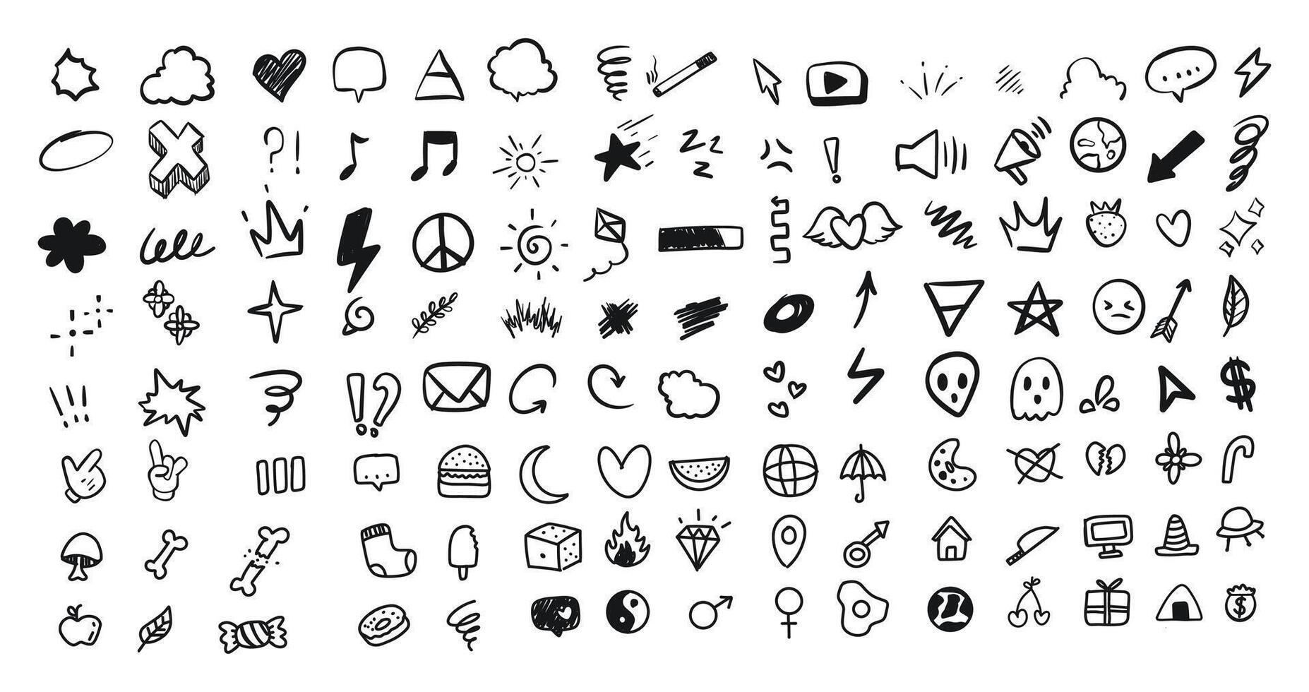 Black and White Doodle Sheet with a Variety of Hand-Drawn Symbols vector