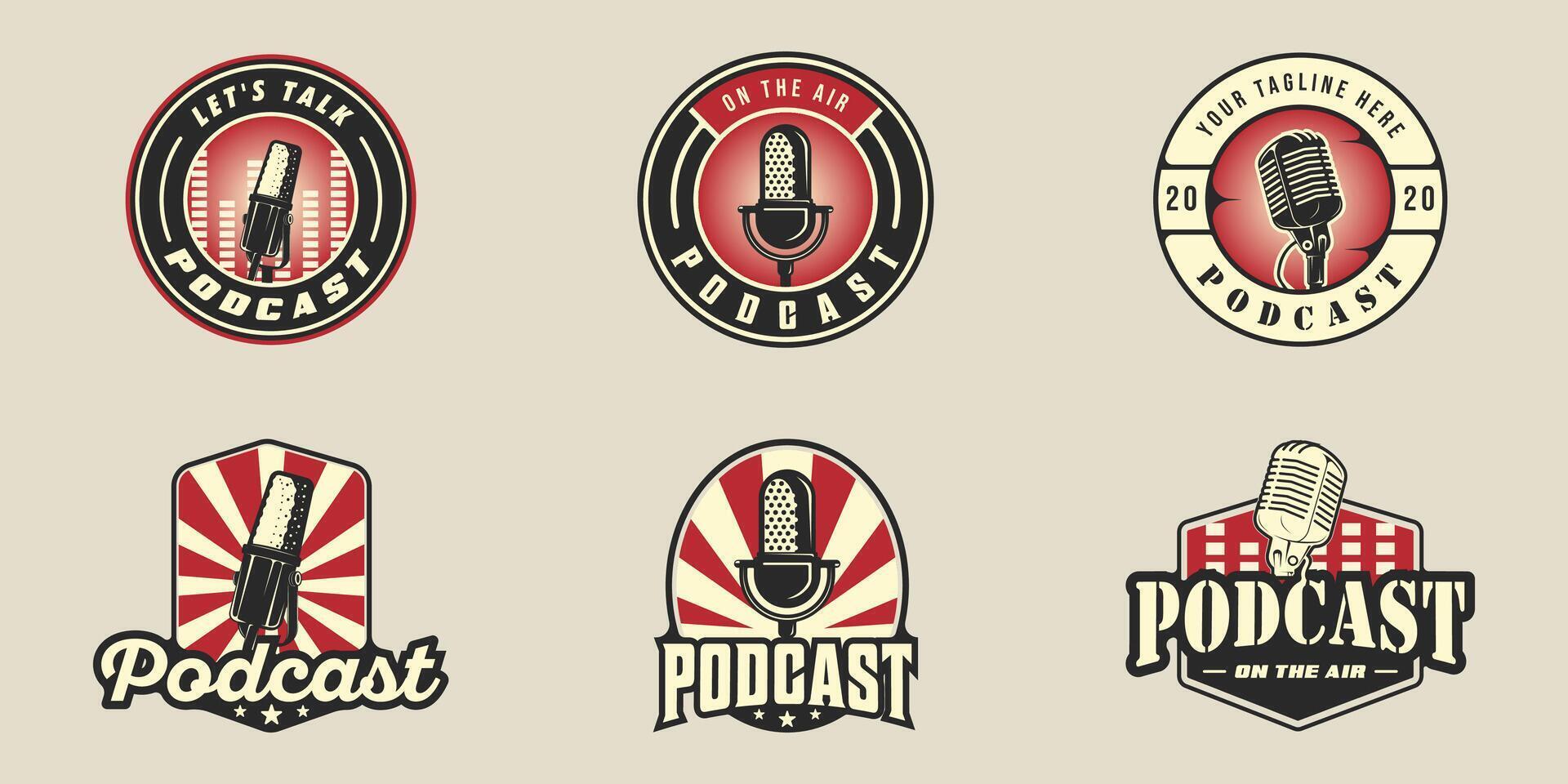 set of old microphone emblem logo vintage illustration template icon graphic design. bundle collection of various podcast station sign or symbol for broadcast or radio with retro circle badge vector