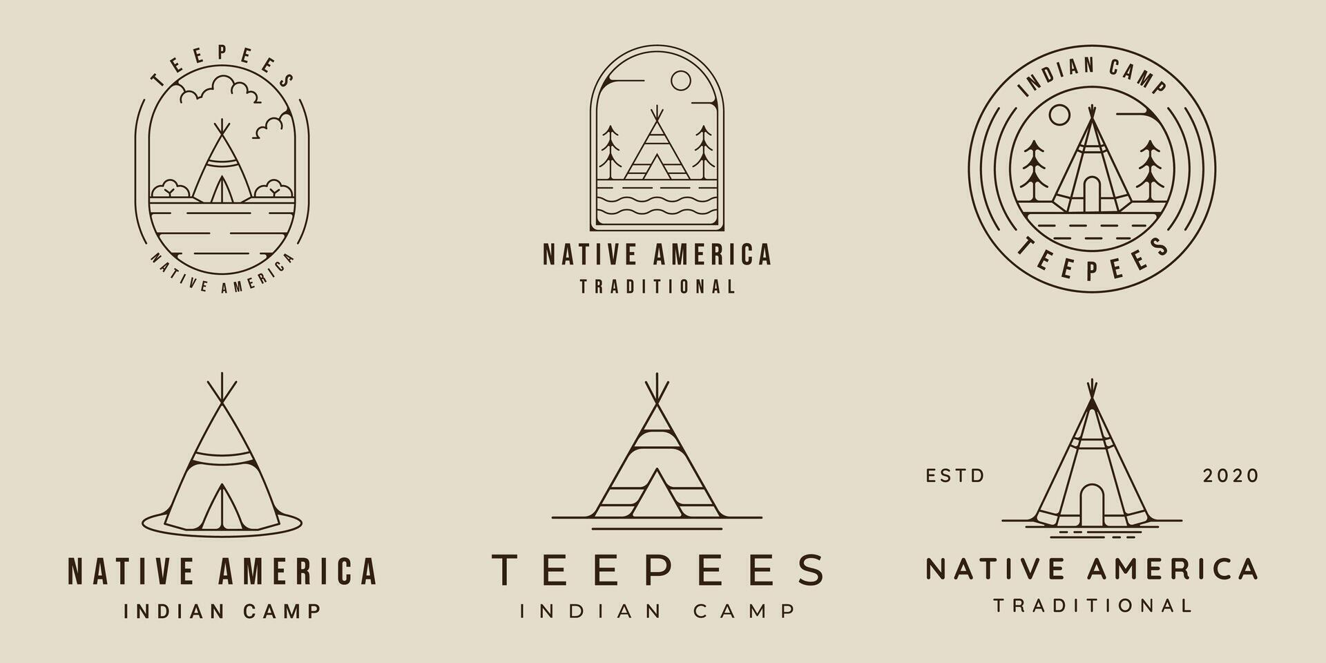 set of teepees indian line art logo simple minimalist illustration template icon graphic design. bundle collection of various traditional indian camp sign or symbol for wanderlust concept vector