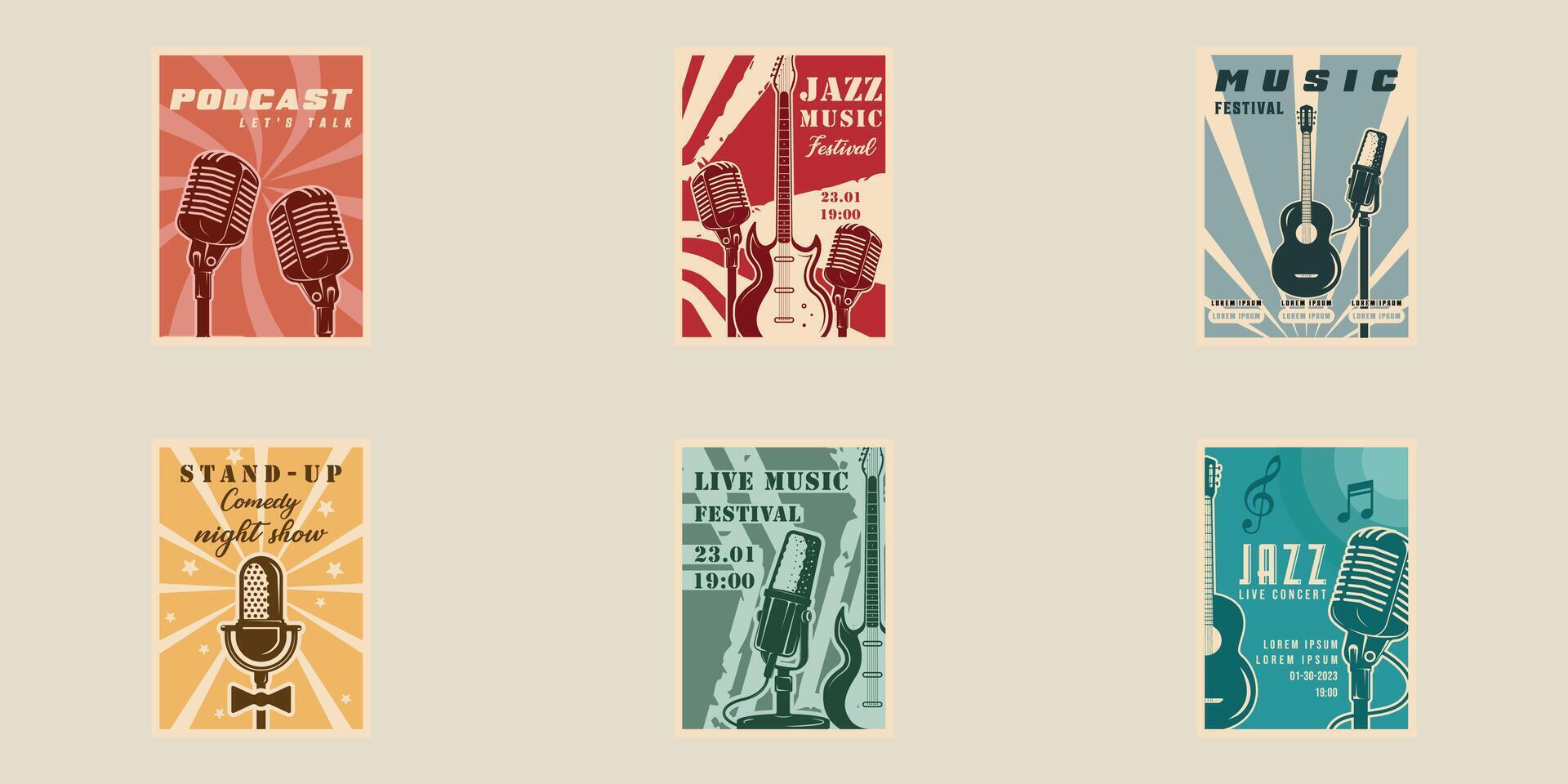 set microphone and guitar poster vintage minimalist illustration template graphic design. bundle collection of various entertainment banner invitation or inscription for text in retro style vector