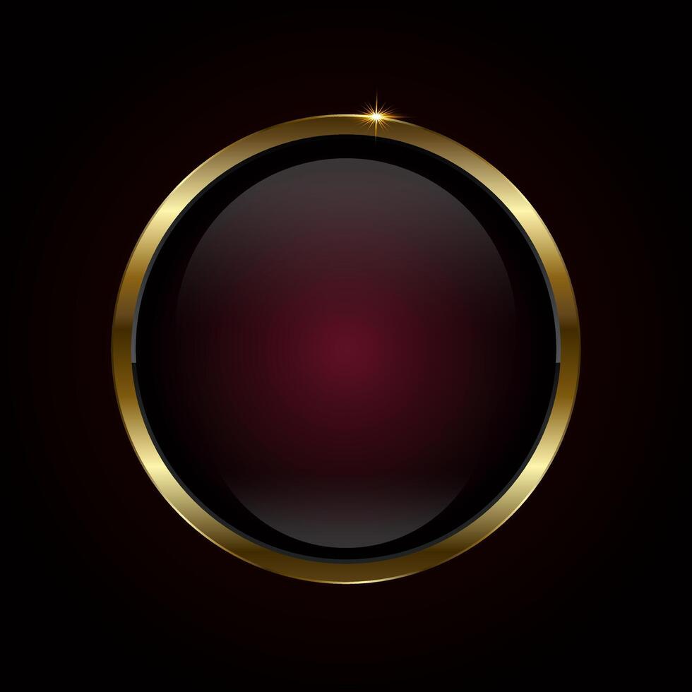 A Red luxury Circle button design on dark red background. Premium red circle button, element, web UI, symbol, and 3d round black glossy button with gold vector