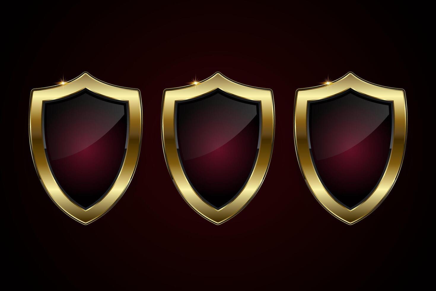Groups of three buttons in luxury style majestic shield-shaped button featuring a deep maroon center and a dazzling gold border with a sparkling highlight, illustration vector