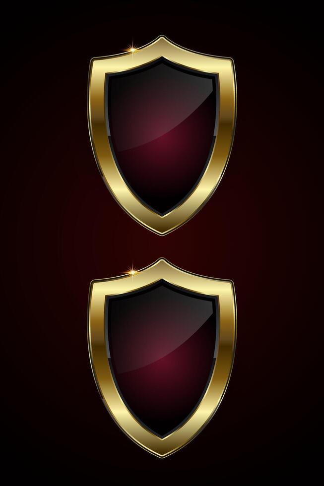 Two luxury red button and gold majestic shield-shaped button featuring a deep maroon center and two dazzling gold border with a sparkling highlight, illustration vector