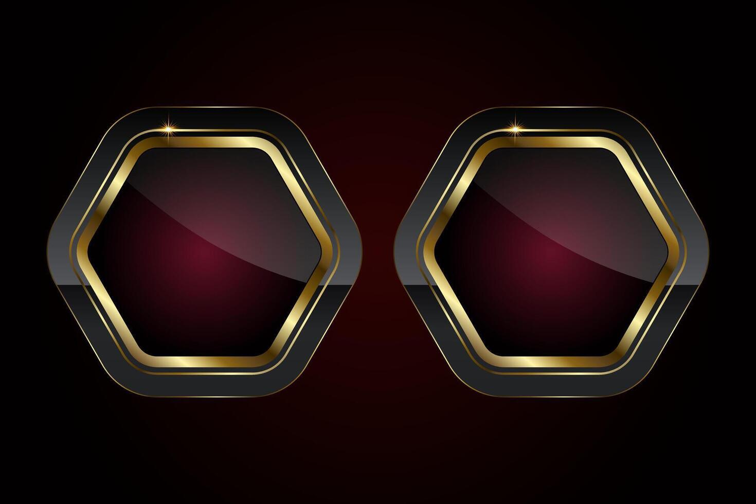 Group of two sleeks and hexagonal button with three glossy black center with a deep red gradient, bordered by a radiant gold trim. Luxury button vector