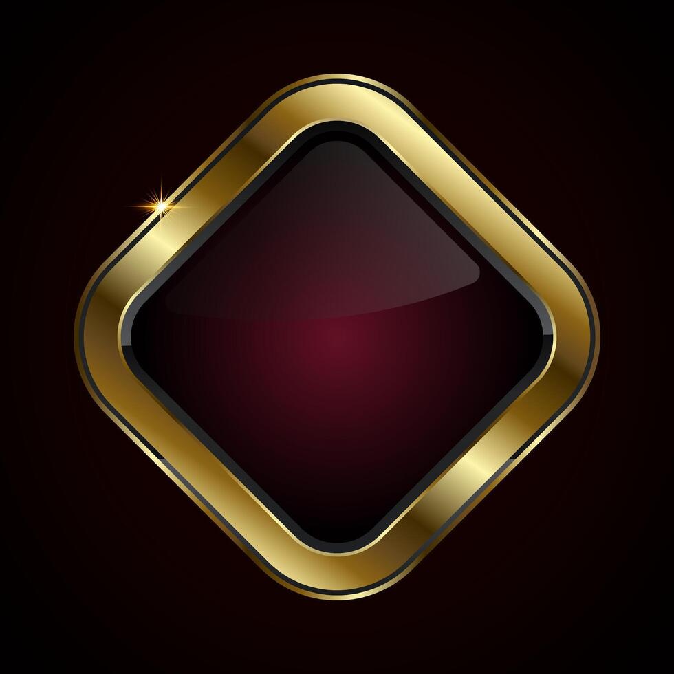 A diamond-shaped button with a rich, glossy black center framed by a brilliant gold border and a sparkle accent, illustration vector