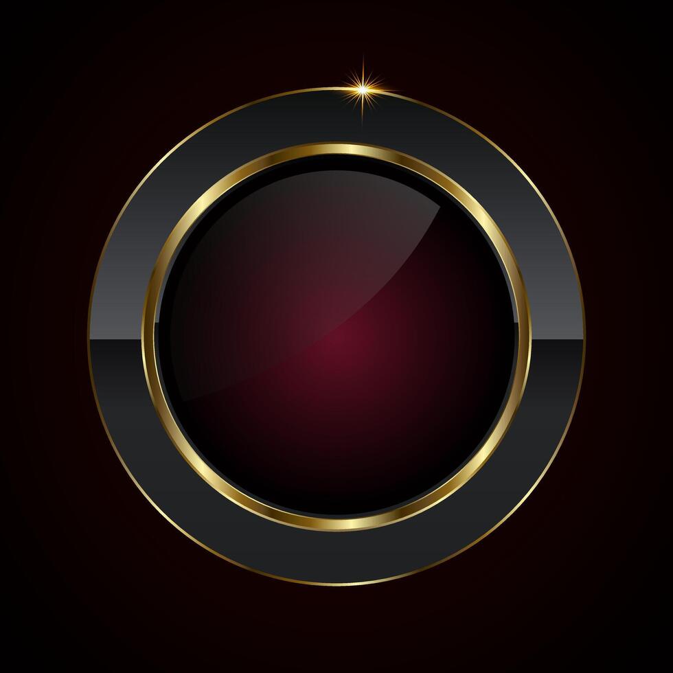 A luxury button in dark red color symbol and elegant style , a sleek black and gold circular button with a glossy maroon center and a sparkling highlight vector